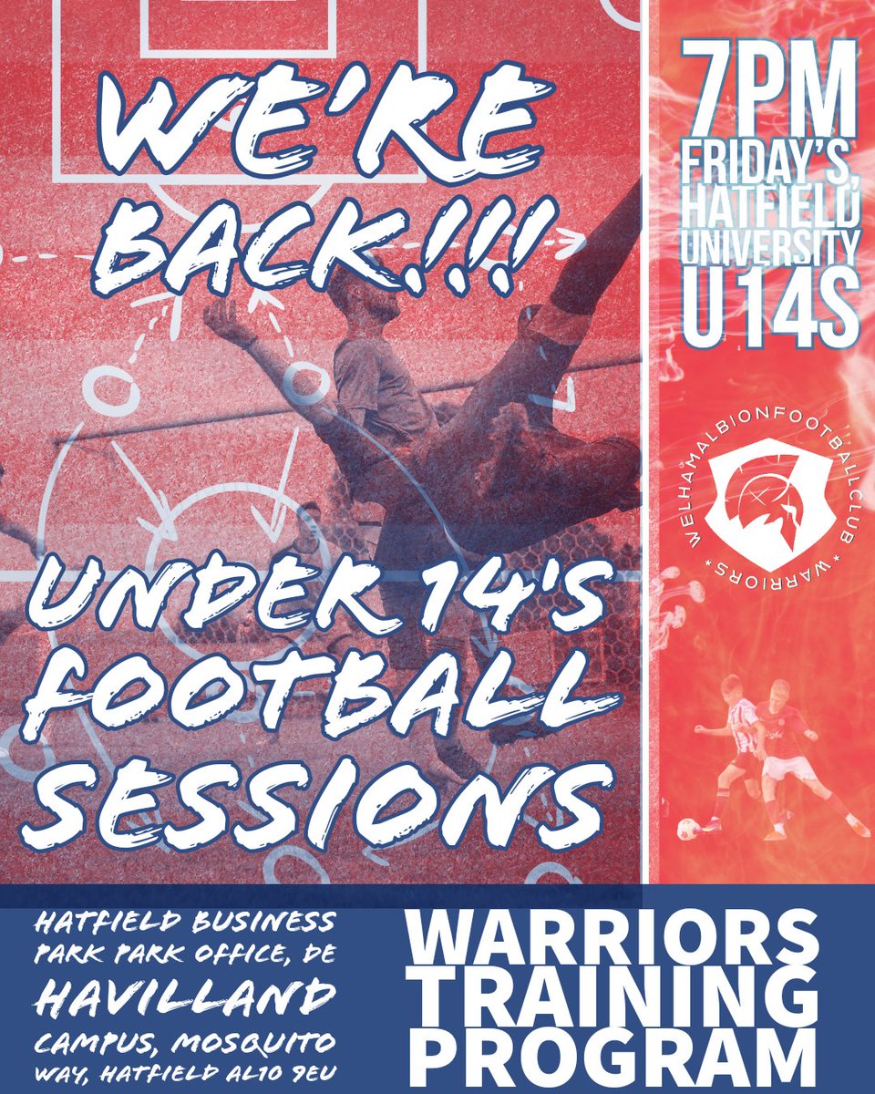 We are back this Friday 7pm with our u14 football sessions 

Contact us for more information
welhamalbionfootballclub@hotmail.com

***Limited spaces***