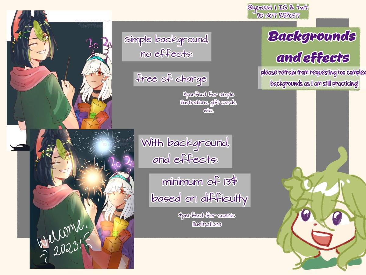 geruuri's tweet image. Hello! My commissions for 2023 are open! Feel free to slide into my dms if interested, I'll be happy to work with you~ 
Rts, likes and ko-fi donations are appreciated! It would be a great help for my future college fees🥰 have a great day! #ArtistOnTwitter #commissionsopen #comms