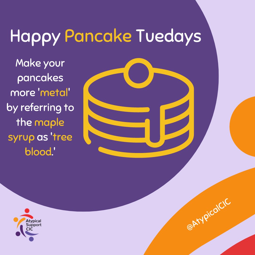 AtypicalSupport's tweet photo. Happy Pancake Tuesday 2023 

Fun Tip 
Make your pancakes more 'metal' by referring to the maple syrup as 'tree blood.'

 #pancake #pancakes #pancakeday #shrovetuesday https://t.co/wZJW0pPexD