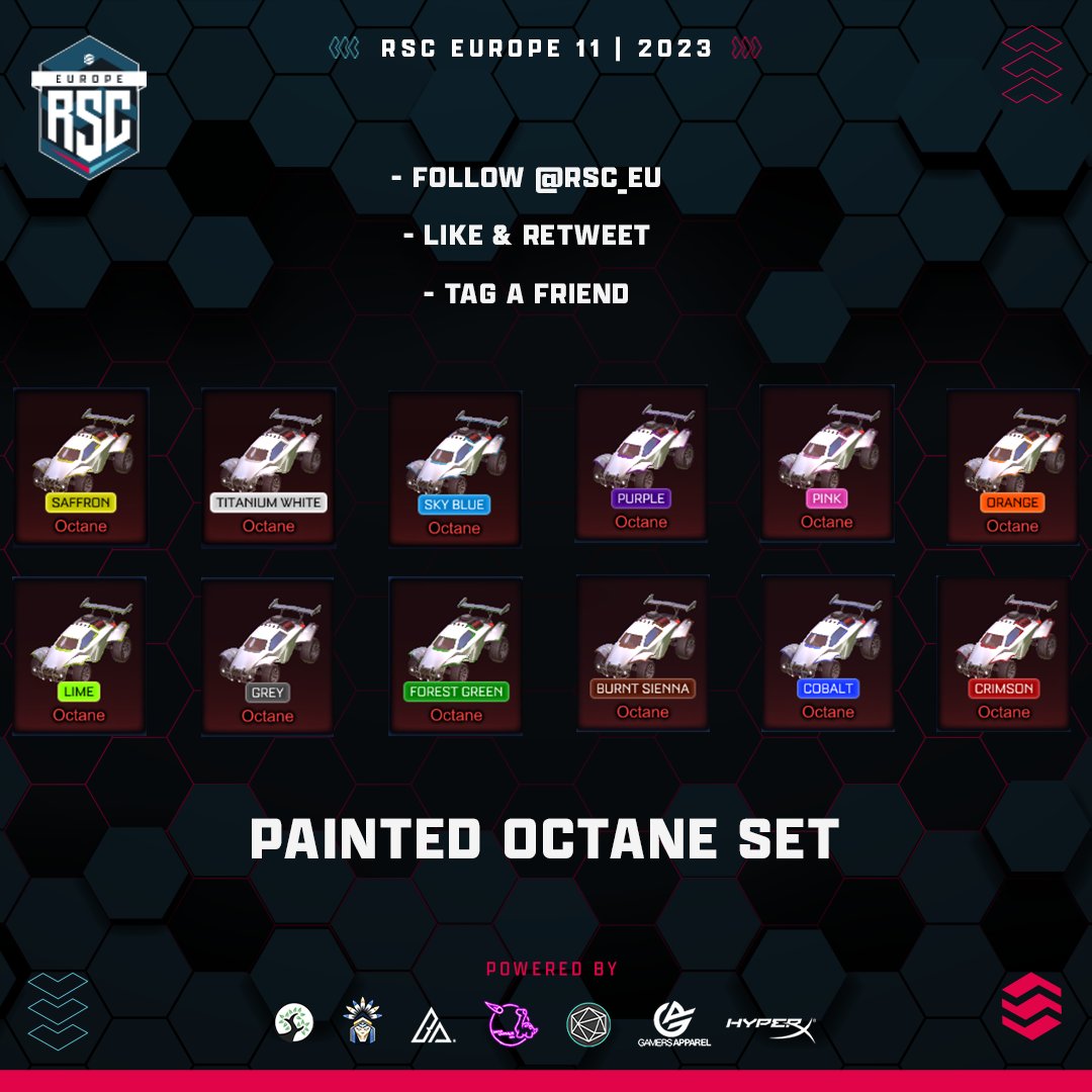 🎁 GIVEAWAY! 🎁

Thanks to <a href="/ClimbableSauce/">Tom | Sauce</a>, we are giving you the chance to win a painted set of Octanes (﹡Black not included due to trade lock) 😍

To enter:

- Follow us <a href="/RSC_EU/">RSC EU</a>
- Like &amp; Retweet this post
- Tag a friend

Entries close on Weds Jan 11th 23:59 GMT! Good luck! 🤞