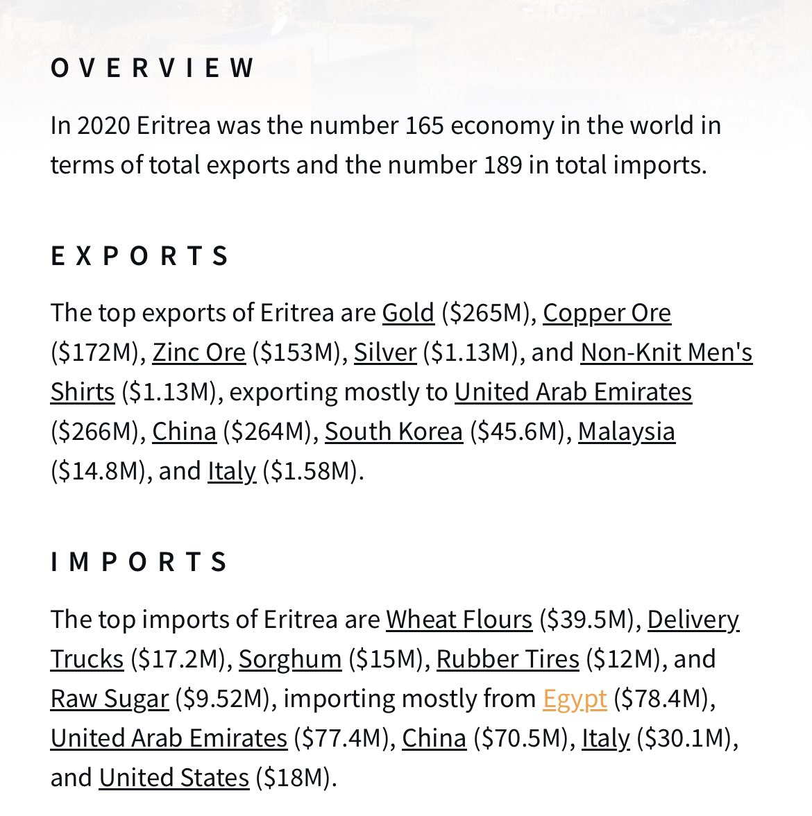 SirDolinzo's tweet photo. By the numbers. Observatory of economic complexity. #eritrea #trade #economy https://t.co/S2IoF5qNdu