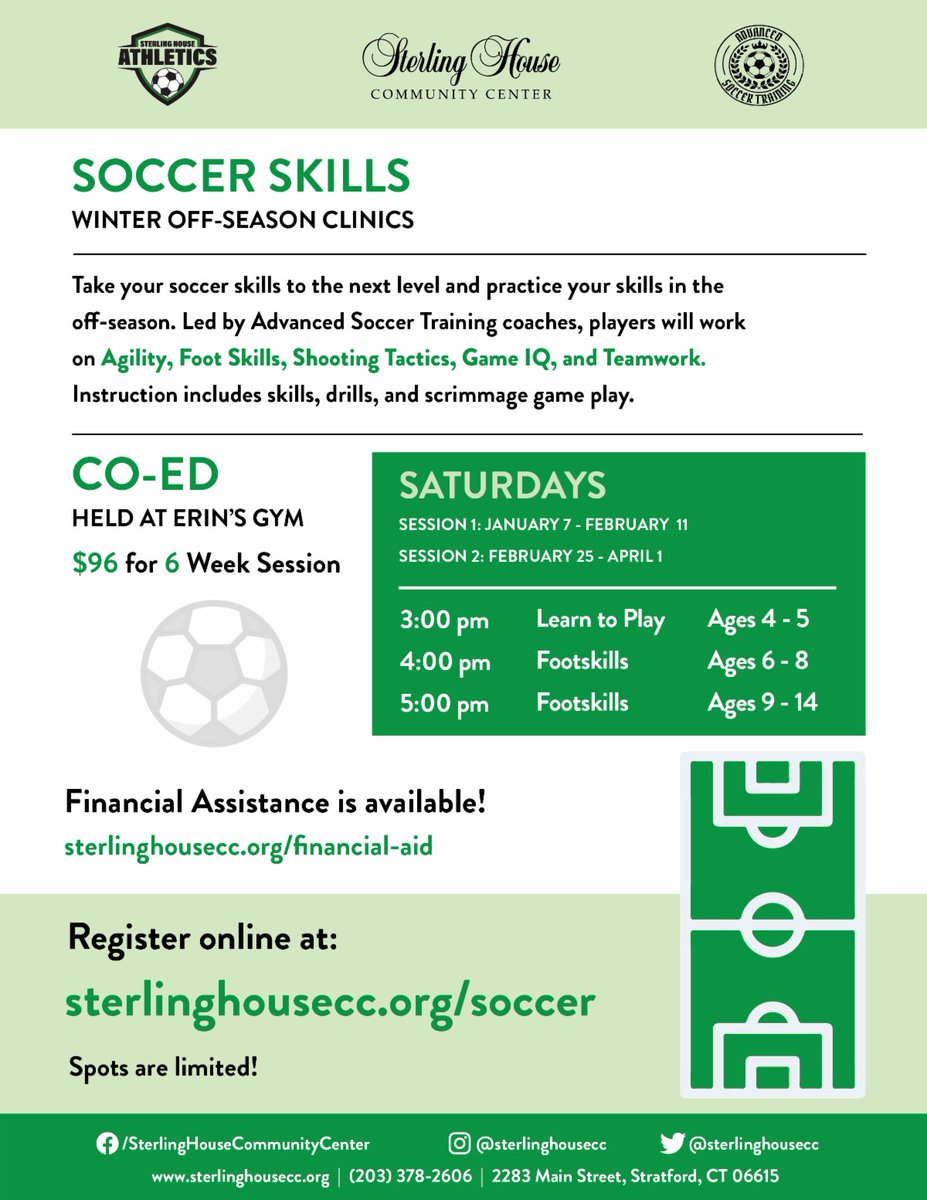 Winter Soccer Clinics, starting this Saturday! Register today at sterlinghousecc.org/soccer ⚽️
conta.cc/3i8OWTh
conta.cc/3jRCSqd