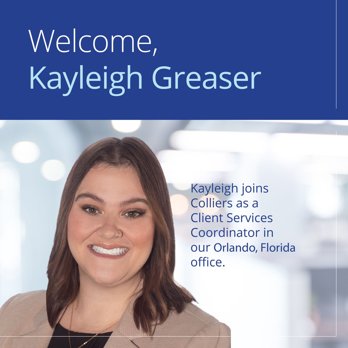 ColliersOrlando's tweet photo. We’re thrilled to welcome Kayleigh Greaser to the Colliers team! Kayleigh, joins Colliers as a Client Services Coordinator focusing on Retail Investment.

#Colliers  #AccelerateSuccess #Orlando #Florida https://t.co/o8ICJ1iQIo