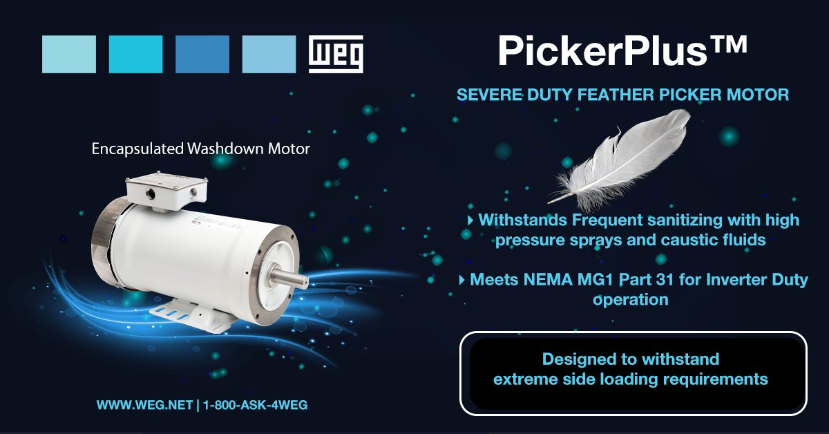 weg_usa's tweet photo. Check out WEG’s #PickerPlus #motor: https://t.co/cCT0TzG8AA #WEG #efficiency #highperformance #sustainable #sustainability #engineering #engineers #engineer #power #energy #feather #feathers #picker #motors #severeduty #washdown #featherpicker #poultry #poultryindustry #chicken https://t.co/lqhIvnKv00