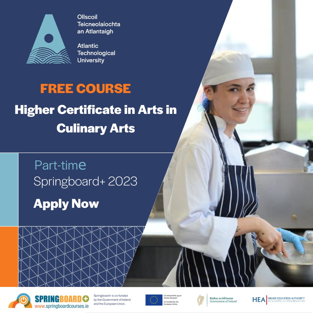 ATU_GalwayCity's tweet photo. We have 2 courses, a Certificate in Culinary Skills and a Higher Certificate in Arts in Culinary Arts, Professional Chef both starting in January.

These courses are FREE through Springboard.

For more information visit: https://t.co/2pW2tEAZ7q

#AtlanticTU #JanuaryStart https://t.co/cWla4nNV4V