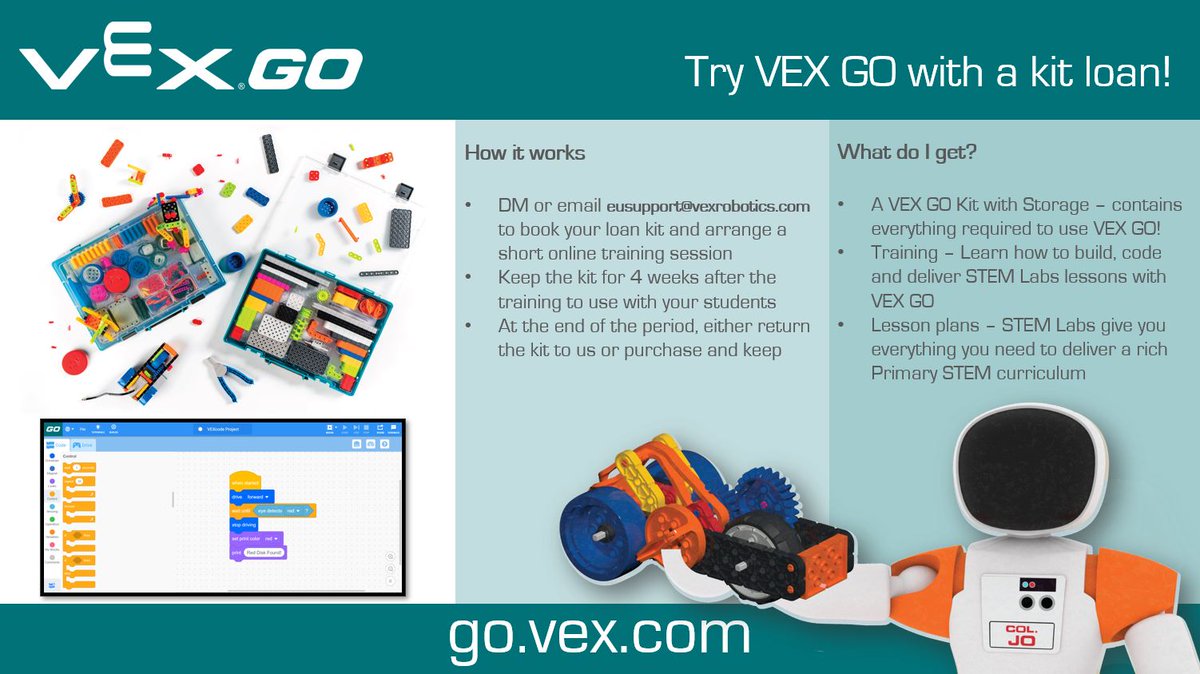 VEXRoboticsUK's tweet photo. Want to try #VEXGO in your school and power-up your #PrimarySTEM & #PrimaryComputing? We have loan kits available!
◽ Perfect for #KS2/#SecondLevel
◽ Free 4-week trial
◽ Training included
◽ Free lesson plans & activities
DM us to book your trial kit
https://t.co/aL8oKznp4F https://t.co/6MGTOu06lb