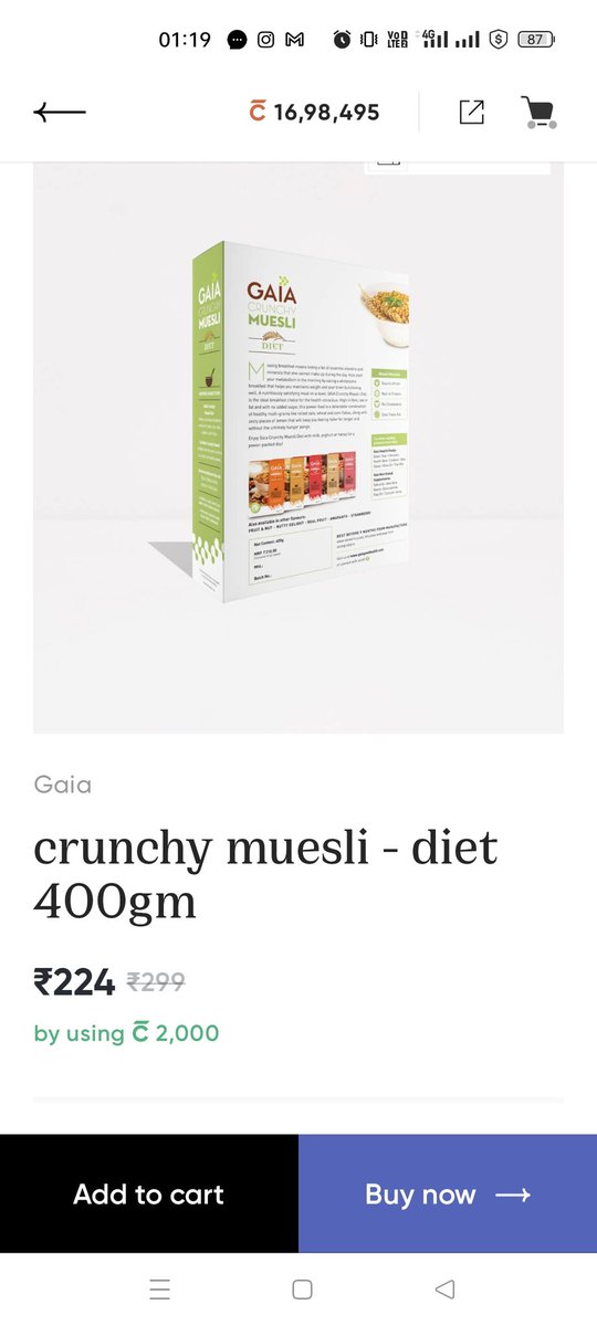 haroonabdulrauf's tweet photo. Another day, another @CRED_club offer exposed. 400g @GaiaGoodHealth Muesli clearly shows the MRP on the box as ₹210 for 400g, whereas in cred it's being sold for ₹224. What an incredible offer sirji! #cred #fakeoffer #bidblast #gaiamuesli #fraud https://t.co/FM5IBw1y2w
