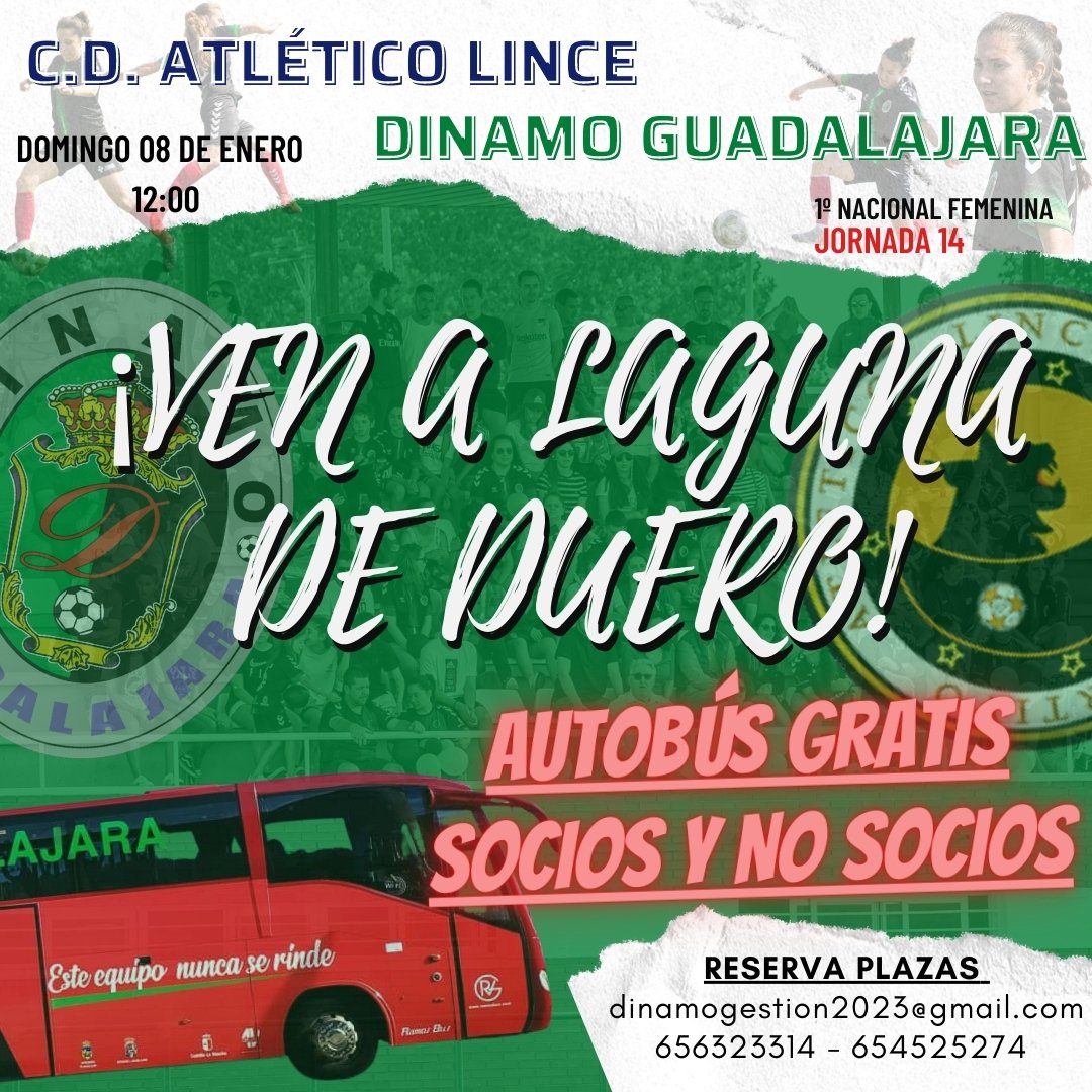 Dinamo Guadalajara (@dinamogoficial) on Twitter photo ¡Viaja gratis con el Dinamo y apoya al equipo!
El club pone a disposición de todos los aficionados, socios y no socios, plazas gratuitas en autobús para el desplazamiento del domingo a Laguna de Duero.
Información y reservas en dinamogestion2023@gmail.com
¡Contamos con tu apoyo! ¡Viaja gratis con el Dinamo y apoya al equipo!
El club pone a disposición de todos los aficionados, socios y no socios, plazas gratuitas en autobús para el desplazamiento del domingo a Laguna de Duero.
Información y reservas en dinamogestion2023@gmail.com
¡Contamos con tu apoyo!