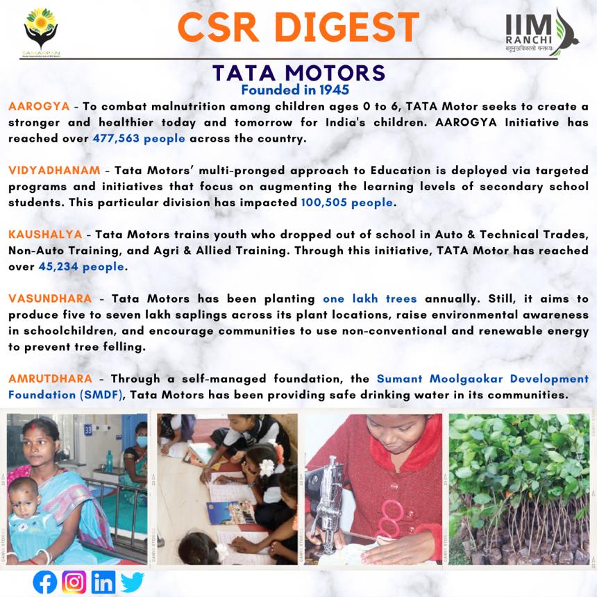 TATA Motors touches the lives of millions of people in India from marginalized sections through its various initiatives. It motivates them to do more and be a force for growth and good. 

#Samarpan #IIMRanchi #CSR