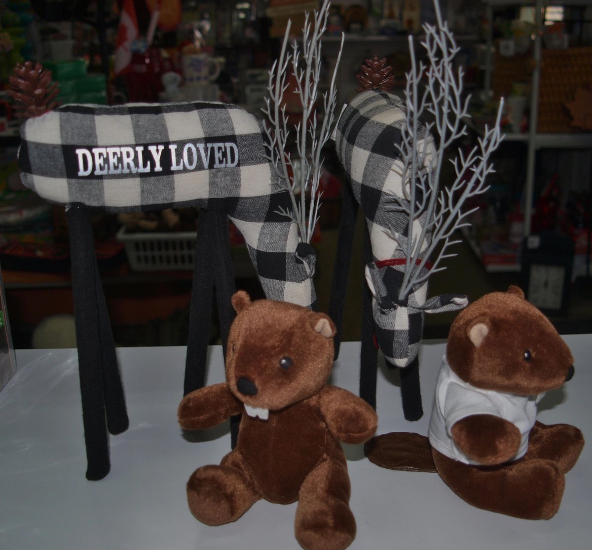 explorersecoemporium41.com/online-shop
Deer Figure Cloth/Buffalo Checked decorative.  Sold as single, not in pairs.  Indoor decoration only, not a toy.  14" tall to the antlers. 10" x 7" x 2.5"  Can be customized... meaning I can add wording onto the body of the deer for an extra $2.00
C$6.00