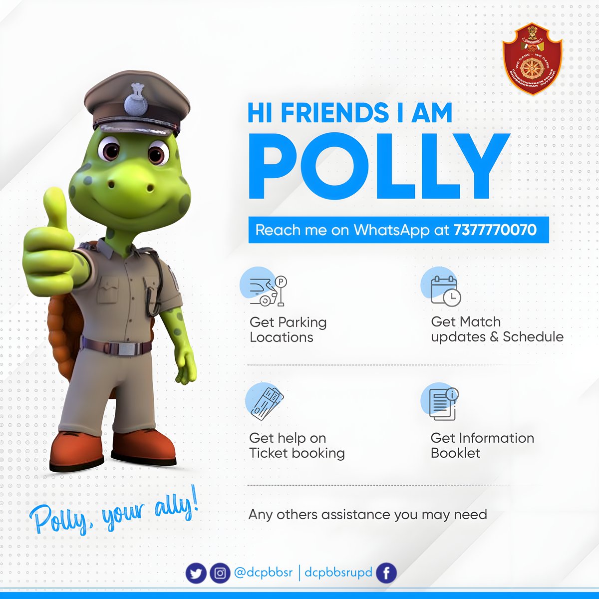 dcpbbsr's tweet image. A dedicated WhatsApp number- 7377770070 has been issued by Commissionerate Police, Bhubaneswar to facilitate information regarding FIH World Cup-2023 at Bhubaneswar. Pls, WhatsApp us only to get the cited information. 
#wecarewedare
#HWC2023
#OdishaForSports
#HockeyWorldCup2023