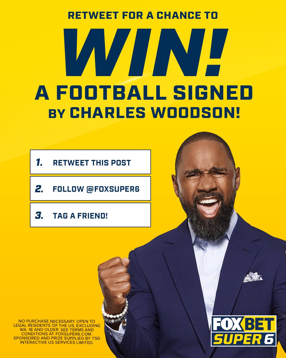 FOX Bet Super 6 (@foxsuper6) on Twitter photo We're giving away a football signed by <a href="/CharlesWoodson/">Charles Woodson</a> to ONE lucky winner. π
To enter:
- RT this post π₯
- Tag a friend in the comments π€
- Follow @foxsuper6 (both must be following)
Official rules - T&C here foxsuper6.com/sportRules.html #sweepstakes ends 1/8 at 4PM PT. π We're giving away a football signed by <a href="/CharlesWoodson/">Charles Woodson</a> to ONE lucky winner. π
To enter:
- RT this post π₯
- Tag a friend in the comments π€
- Follow @foxsuper6 (both must be following)
Official rules - T&C here foxsuper6.com/sportRules.html #sweepstakes ends 1/8 at 4PM PT. π
