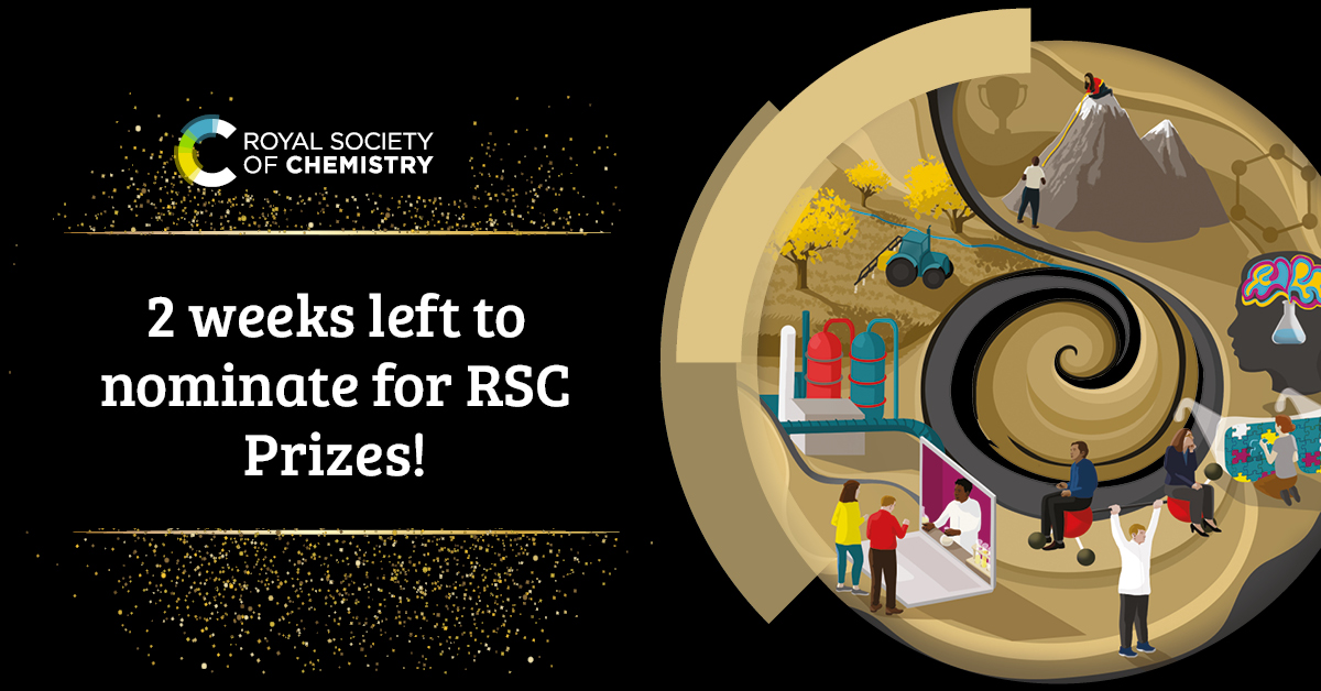 Nominations close for #RSCPrizes at 5 pm (GMT) on 18 January.

There’s still plenty of time to celebrate the individuals and teams who are making a positive impact on the chemical sciences but don’t wait too long to act. Find out more ➡️ rsc.li/3l3rUbX