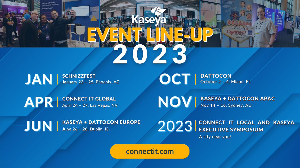 graphusinc's tweet photo. With five large customer-centric conferences and multiple one-day locals and symposiums, @KaseyaCorp offers a can’t-miss event for everyone in the channel in 2023!

Learn about our upcoming events: https://t.co/OGTQ2JE4c7

#ConnectIT23 #DattoCon23 #KaseyaDattoCON23 https://t.co/OdVLEKc7fx