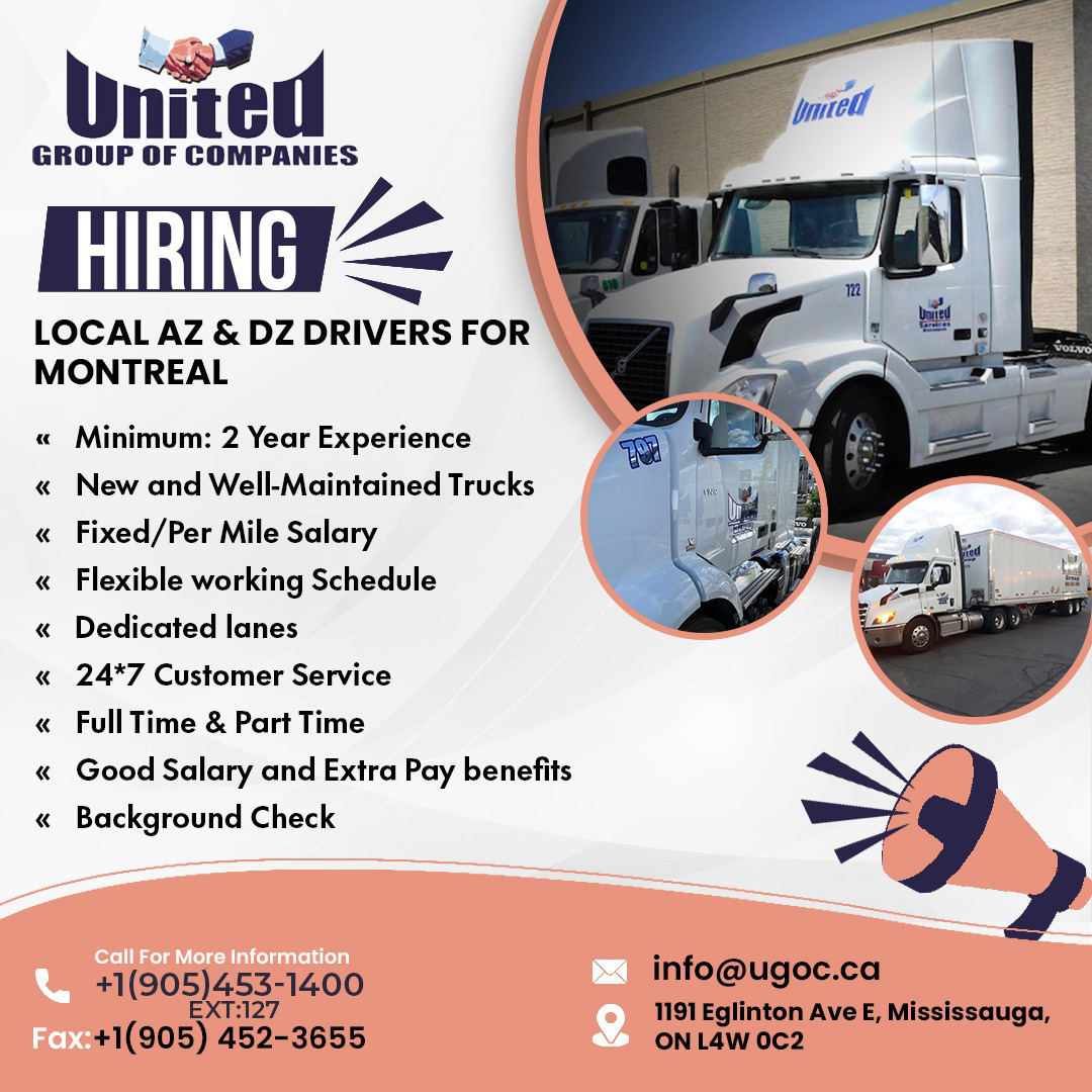 Looking For AZ/DZ Drivers for Montreal. For More Info Contact Us on :+1(905)453-1400 or Send Your Resume on info@ugoc.ca