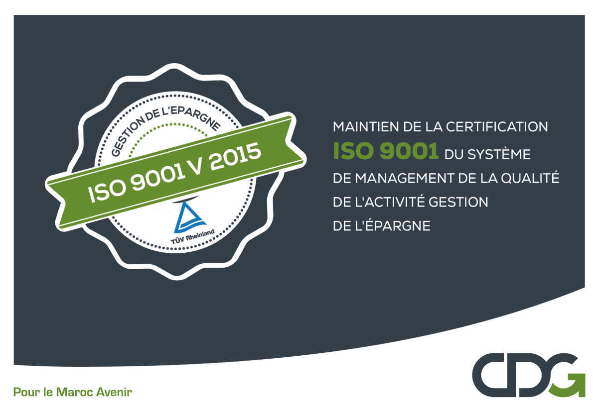 GroupeCDG's tweet photo. Le Groupe CDG maintient sa certification ISO 9001 du système de management de la qualité de l'activité Gestion de l'Épargne. Cette certification témoigne de l'engagement de la CDG à offrir en permanence la meilleure qualité de service à sa clientèle.
#ISO9001 #CertificationISO https://t.co/eUgqwWfH80