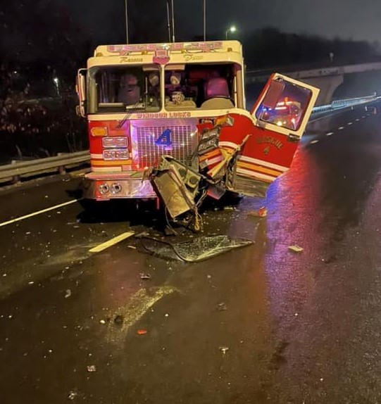 CT_STATE_POLICE's tweet photo. Woman was fined as she failed to move over, crashing into a parked Windsor Locks fire truck on I91 causing heavy damage.
Law requires drivers to MOVE OVER when they see emergency vehicles or any vehicle stopped. Slow down & move over for any first responder, tow trucks, & DOT. https://t.co/Fq3YjjeOCG
