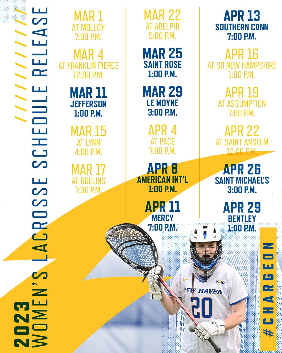 UNewHavenWLAX's tweet photo. 5⃣5⃣ days until opening draw!! 

Chargers Announce 17-game Schedule for 2023 campaign

 🔗 https://t.co/tYoL5QGswe
🗓 https://t.co/rmTd3WvBKH https://t.co/BgAdzbn2yN
