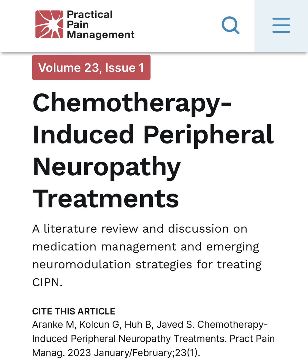 🔹 Chemotherapy induced #peripheralneuropathy (#CIPN) affects 40-70% of individuals undergoing #chemotherapy
🔹#SpinalCordStimulation & #dorsalrootganglion #Stimulation as treatment options
🔗 practicalpainmanagement.com/issue202301/ch…

🔹More info: inns.memberclicks.net/assets/documen… 

#SCS #DRG

1/2