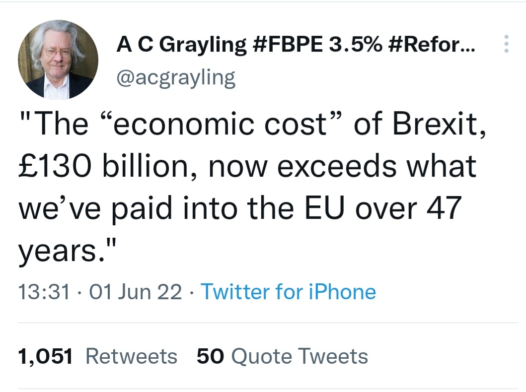 The economic cost of Brexit, £130 billion, now exceeds what we have paid into the EU over 47 years.

Via <a href="/acgrayling/">A C Grayling #FBPE #Reform #Rejoin #FBPR</a> 

#BrexitBrokeBritain