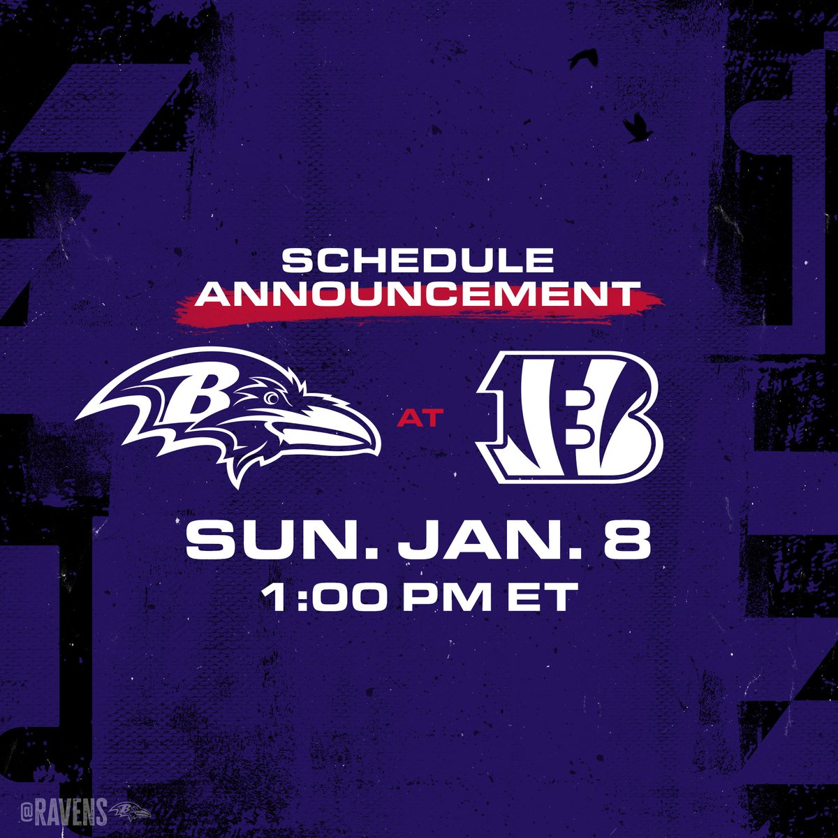 Ravens's tweet photo. Our game at Cincinnati Sunday will be at 1 p.m. ET. https://t.co/GnYFJxJfTW