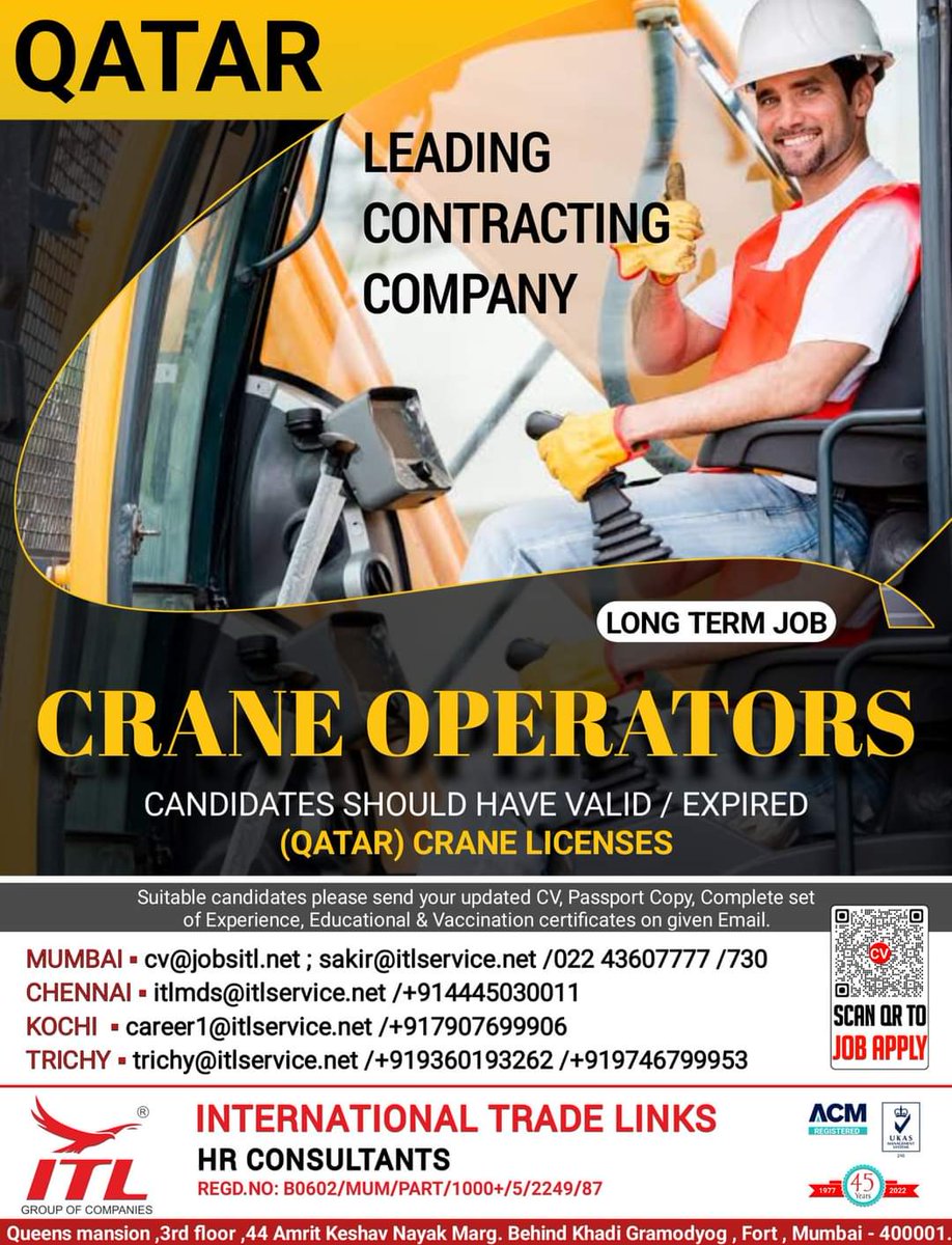 JOB VACANCY FOR #qatar

#craneoperator #driver #cranelife #operators #qatardriver #crane  #gulfjobs  #requirements #urgenthiring #qatarjobs #qatarjobseekers #qatarcareers  #qatarhiring  #gulfjobseekers #jobalerts #20223hiring #2023jobs
