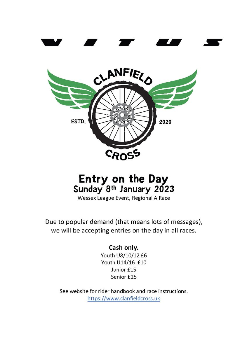 ClanfieldCx's tweet photo. OK, having been flooded with messages we have decided to allow entry on the day for our Regional A Sunday racing.  @WessexCX @CentralCXLeague @yorkshirecx @RidleyWesternCX @EasternCx https://t.co/g2b7MWToCq