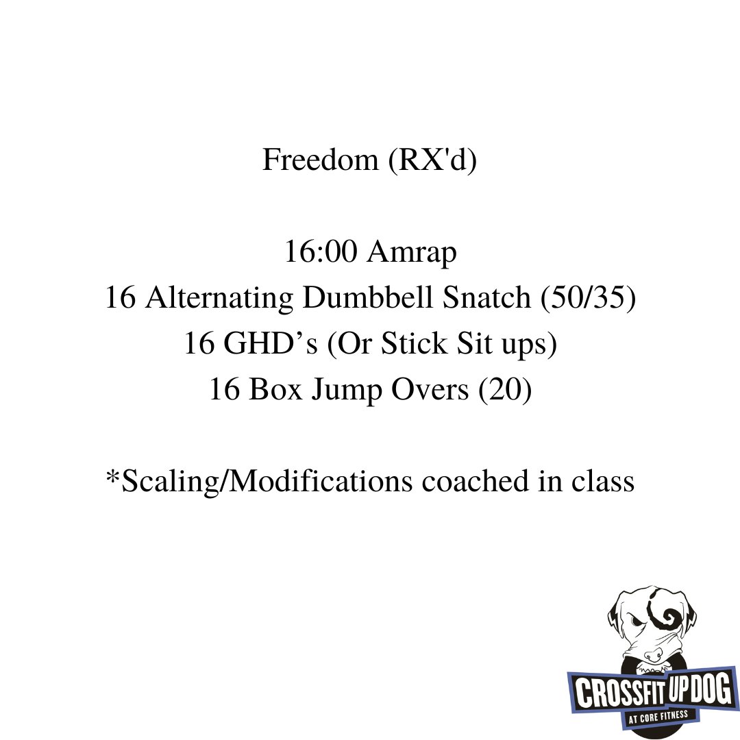CrossFitUpDog's tweet photo. Wed, 01.04.22

Freedom (RX'd)

16:00 Amrap
16 Alternating Dumbbell Snatch (50/35)
16 GHD’s (Or Stick Sit ups)
16 Box Jump Overs (20)

*Scaling/Modifications coached in class

#crossfitupdog
#myrtlebeachcrossfit
#myrtlebeach
#crossfit
#communityworkouts
#socialfitness https://t.co/E2FfQIjlOu