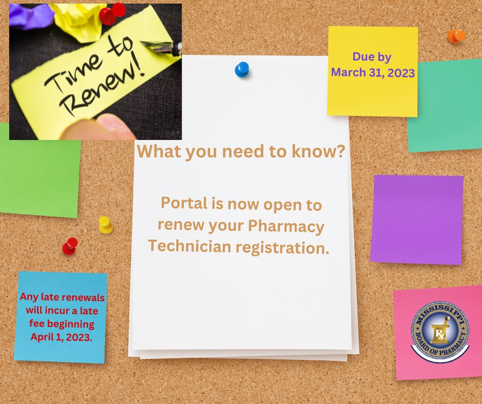 MississippiBOP's tweet photo. Pharmacy Technician Registration renewals are open via the Gateway and due by March 31st. Visit https://t.co/s3VlDmQNcJ to renew. https://t.co/h8ppjrL1jo