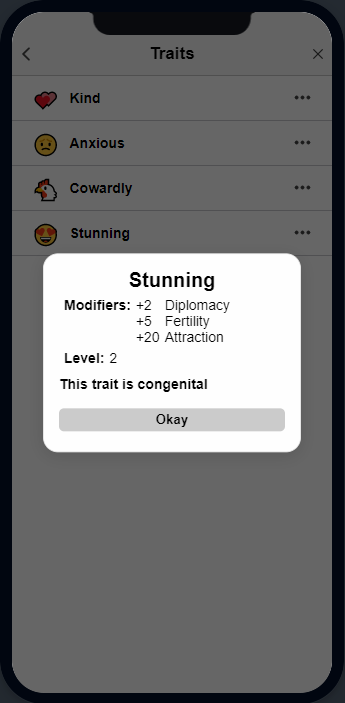 MedievaLifeApp's tweet image. I finally finished the gene system! You can be born with certain traits that are heriditary. 

Parents can pass these down. If both have the same gene they can pass down a better one! You can also be a carrier of a gene without having the trait!

#MobileGame #LifeSim #IndieDev