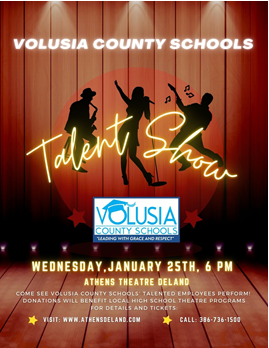SAVE THE DATE - The <a href="/volusiaschools/">Volusia County Schools</a> Talent Show is COMING SOON! Wednesday, January 25, 2023 <a href="/AthensTheatre/">Athens Theatre</a> in <a href="/CityofDeLand/">City of DeLand</a> at 6:00PM. Our own @VCS_Gomez (Communications Director) and <a href="/DrValleJ/">Dr. Julio Nazario-Valle</a> (Assistant Superintendent) are among the amazing acts that evening. See you then!