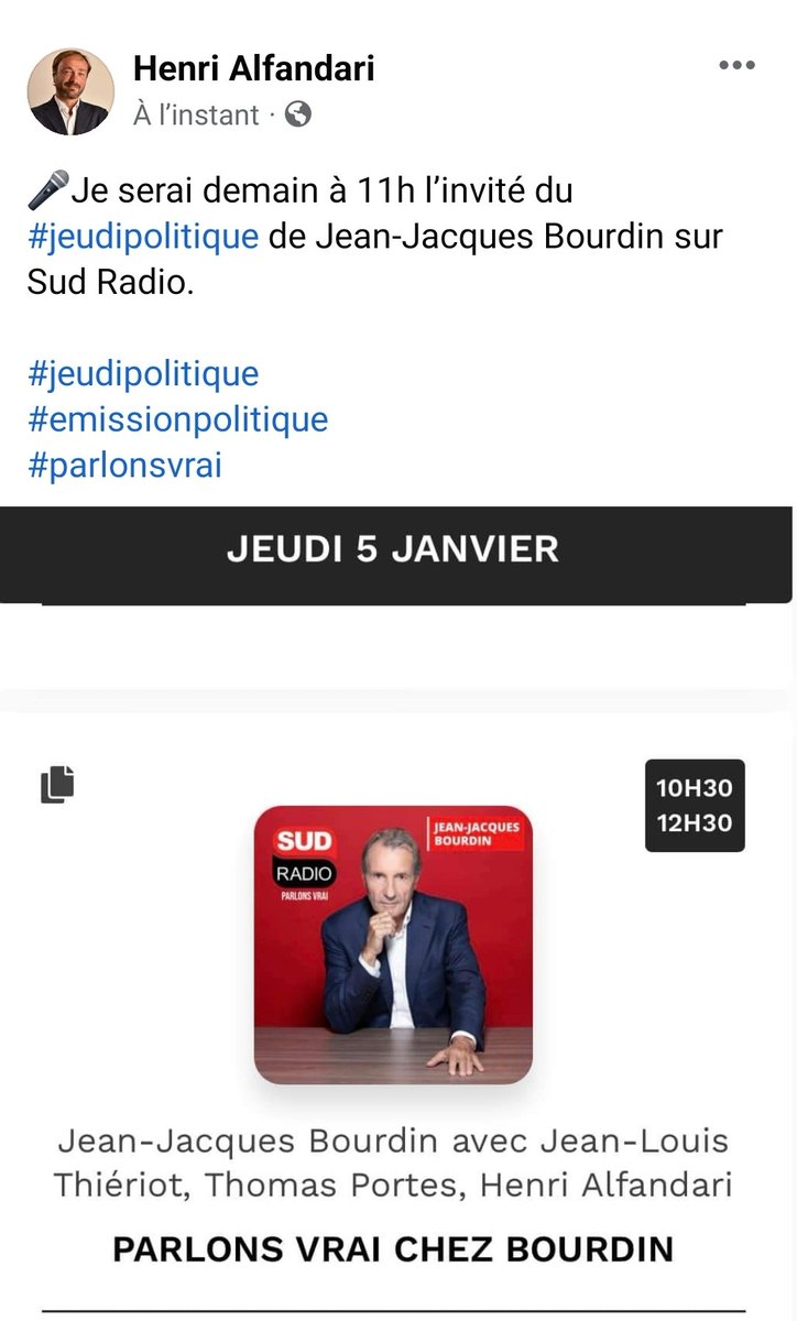 📻 <a href="/Henri_Alfandari/">Henri Alfandari</a> invité de <a href="/JJBourdin_off/">Jean-Jacques Bourdin</a> demain à 11h sur <a href="/SudRadio/">Sud Radio</a>.

#jeudipolitique #horizons #radio