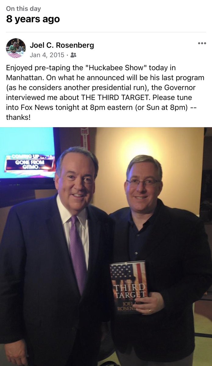 JoelCRosenberg's tweet photo. Eight years ago today, I met @GovMikeHuckabee for the time and was so n his show on @FoxNews to talk about my latest political thriller, #TheThirdTarget. It’s been an honor developing a friendship with him since then. His love for Christ and for Israel have been very encouraging. https://t.co/rD1w0QdEk5
