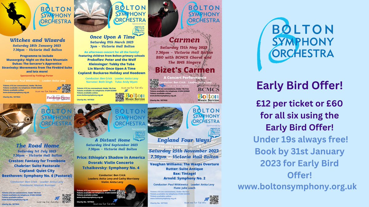 Please check out our exciting 2023 concert season at boltonsymphony.org.uk
Tickets still £12 per adult, Under 19s free. #Earlybirdoffer 6 concerts for the price of 5!
@BoltonFM @TheBoltonNews @boltoncouncil @GMMusicHub @BoltonMusicCent @BoothsMusic #Bolton #Bury #Ramsbottom