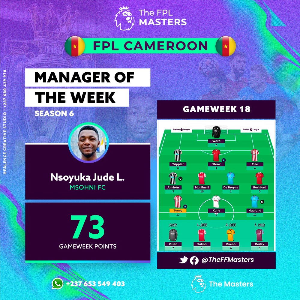 TheFFMasters's tweet photo. Manager of The Week - MOTW 🏆
Season 6

Congratulations to @JudeNsoyuka, manager of MSOHNI FC  for winning our Manager of the Week (MOTW) award for last Gameweek, GW18 with 73 points.

Congratulations once more!
#TheFFMasters
#FPLCommunity https://t.co/3hPRXjjNxw