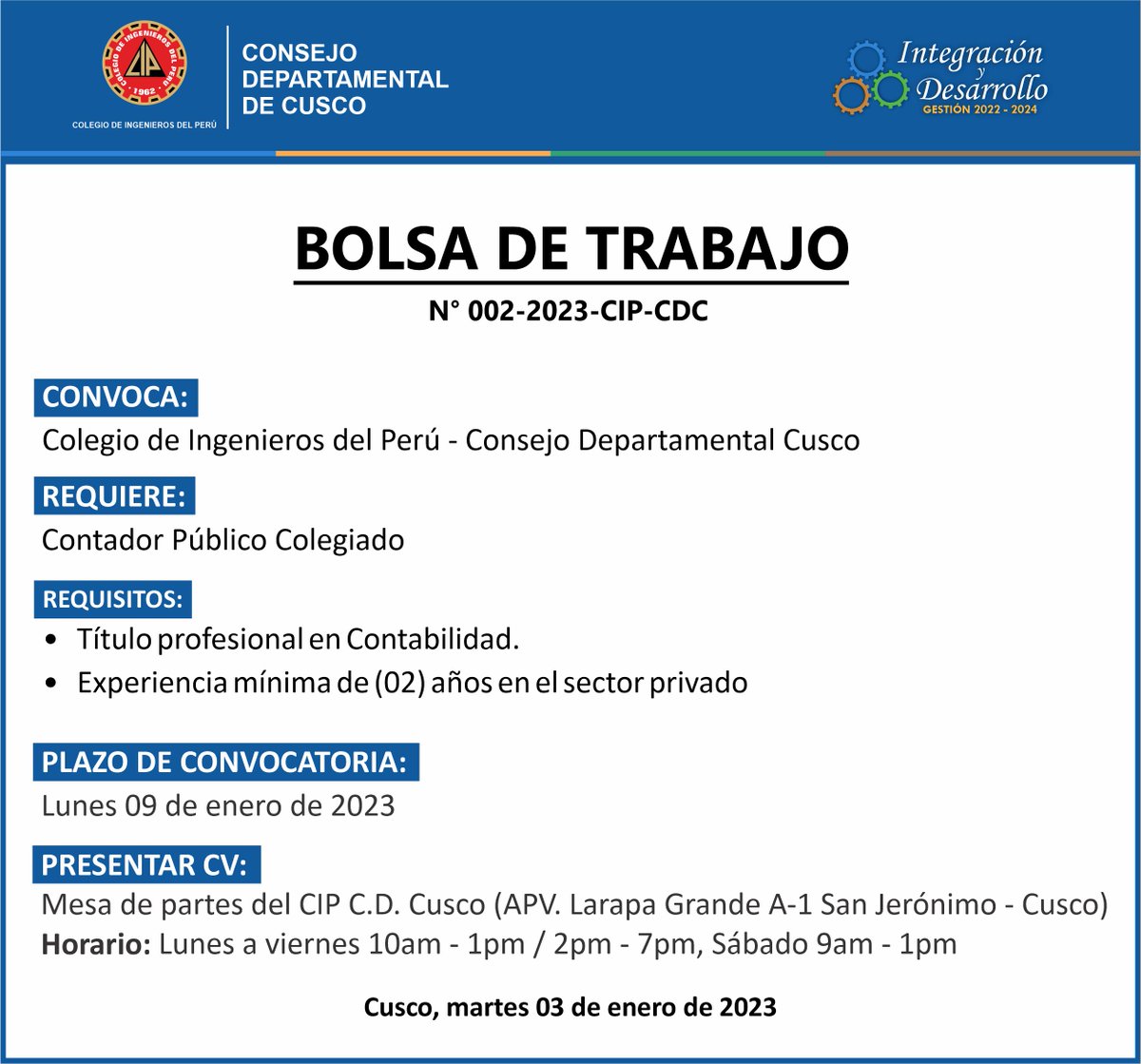 cipcusco's tweet photo. 🔵 #TRABAJO N° 002-2023-CIP-CDC

➡   Requiere:
Contador Público Colegiado

⚙ #CIPCusco
🤝 Integración y Desarrollo 👷‍♀️ 👷‍♂️ 
https://t.co/IK7gbLBsaG https://t.co/Izj3Ut2mia