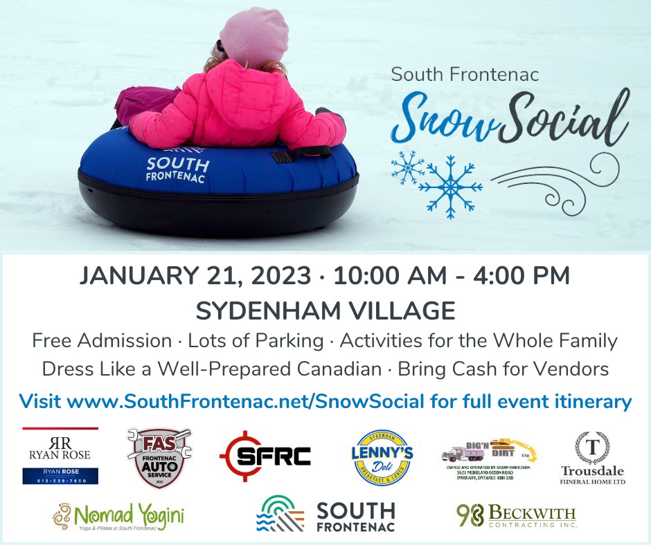 SthFrontenacTwp's tweet photo. Join us for the first ever Snow Social! We'll be at The Point Park and throughout the village of Sydenham on January 21st from 10am - 4pm. Thank you to our local businesses and agencies for making this event possible! ❄️ https://t.co/dJVltYJlUk https://t.co/BgksSGpKAX