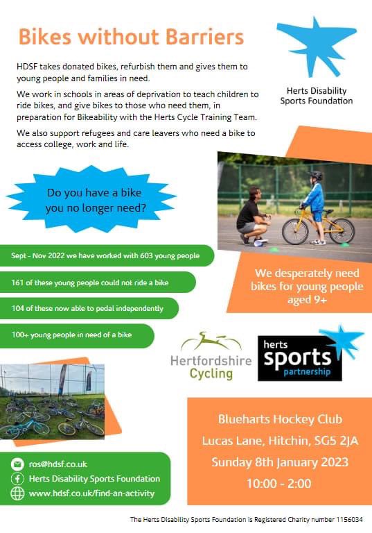 Do you have a bike you no longer need? Why not let us find it a new home? We are at @Blueharts on Sunday 10-2 in Hitchin. @sportinherts @hertscycling @NorthHertsSSP @HealthyHubNH