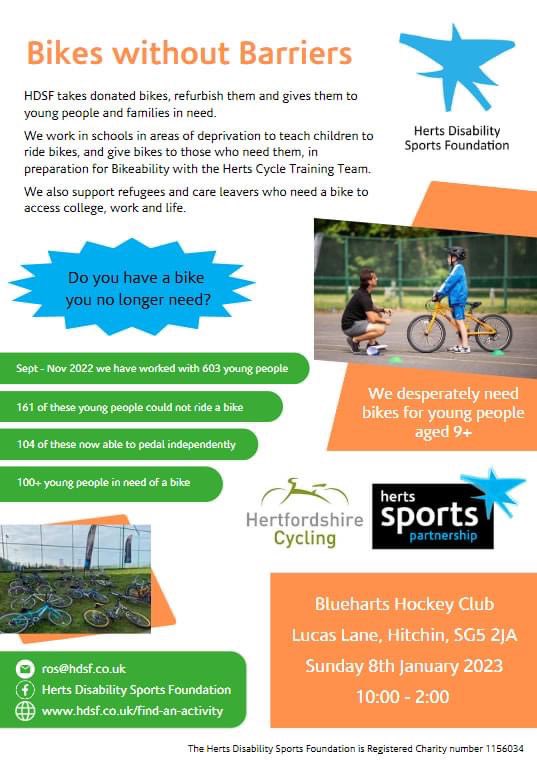 Herts Disability Sports Foundation (@herts_dsf) on Twitter photo Do you have a bike you no longer need? Why not let us find it a new home?
We are at <a href="/Blueharts/">Blueharts HC</a> on Sunday 10-2 in Hitchin. <a href="/sportinherts/">Herts Sport & Physical Activity Partnership (HSP)</a> @hertscycling <a href="/NorthHertsSSP/">North Herts SSP</a> @HealthyHubNH Do you have a bike you no longer need? Why not let us find it a new home?
We are at <a href="/Blueharts/">Blueharts HC</a> on Sunday 10-2 in Hitchin. <a href="/sportinherts/">Herts Sport & Physical Activity Partnership (HSP)</a> @hertscycling <a href="/NorthHertsSSP/">North Herts SSP</a> @HealthyHubNH