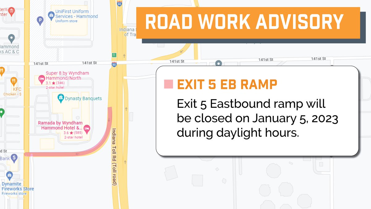 IndianaTollRoad's tweet photo. 🚧 | Road Work Advisory 
Exit 5 EB Ramp will be closed on January 5, 2023, during daylight hours. 
See on-site signs for detour. 
. 
. 
. 
#RoadWorkAdvisory #IndianaTollRoad #StayAlert #RampClosure https://t.co/JcHfSJzacI