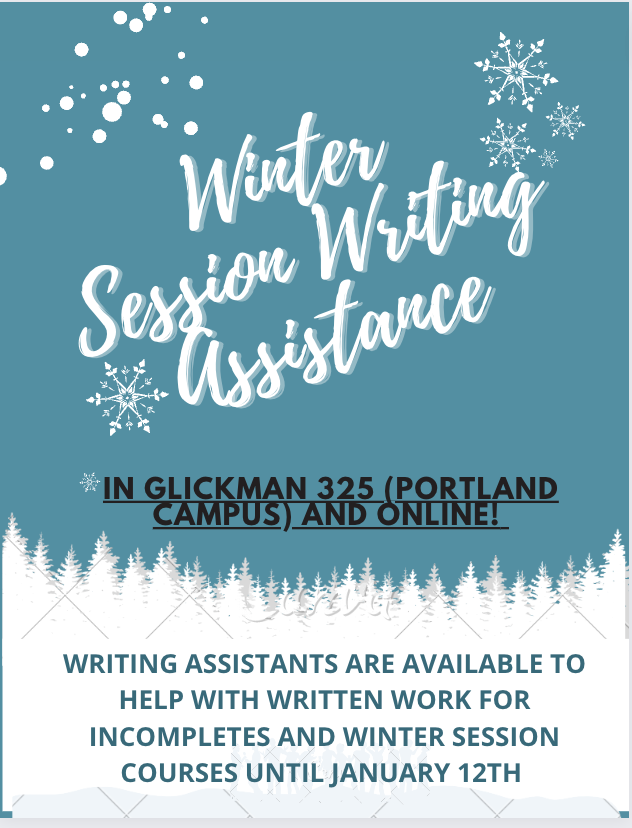 USM_Writing's tweet photo. Writing Assistance is offered for the University of Southern Maine community for Winter Session until January 13th in Glickman Library, Room 325 and online! https://t.co/jV6j8Utbpz