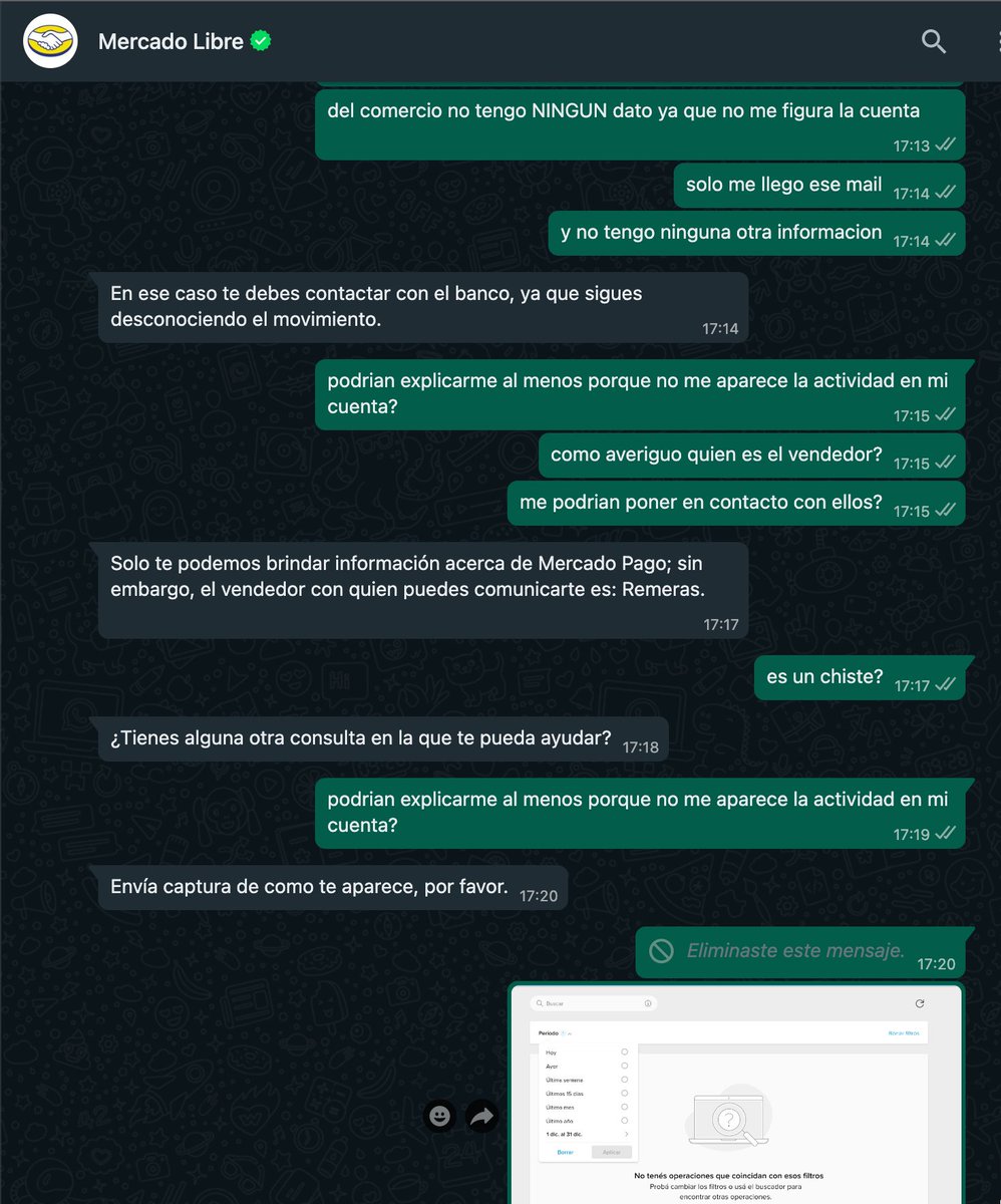 diegobechi's tweet image. Nunca en mi vida tuve vi un soporte TAN ineficiente como el de @mercadopago @ML_Ayuda 
Desde hace más de 20 días que alguien utilizó mi cuenta (con 2FA activado). No me figura ninguna actividad en mi cuenta y después de chatear con el soporte por más de 40 minutos responden esto