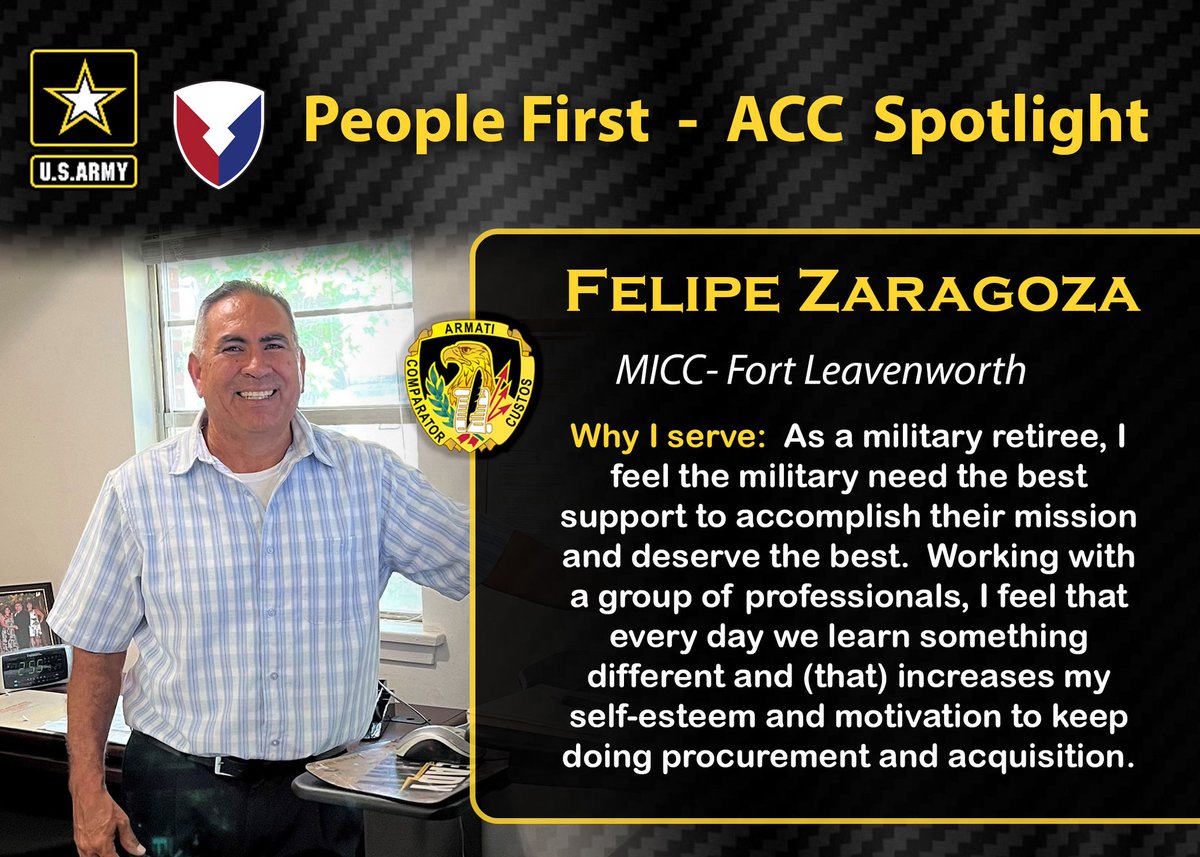 Felipe Zaragoza, MICC-Fort Leavenworth, kicks off the #ACCSpotlight for 2023! A construction contracting officer, his Army civilian career began 10 years ago as an intern on his way to become a warranted contracting officer.
#PeopleFirst #SoldierforLife #MeetYourArmy #WinEveryDay