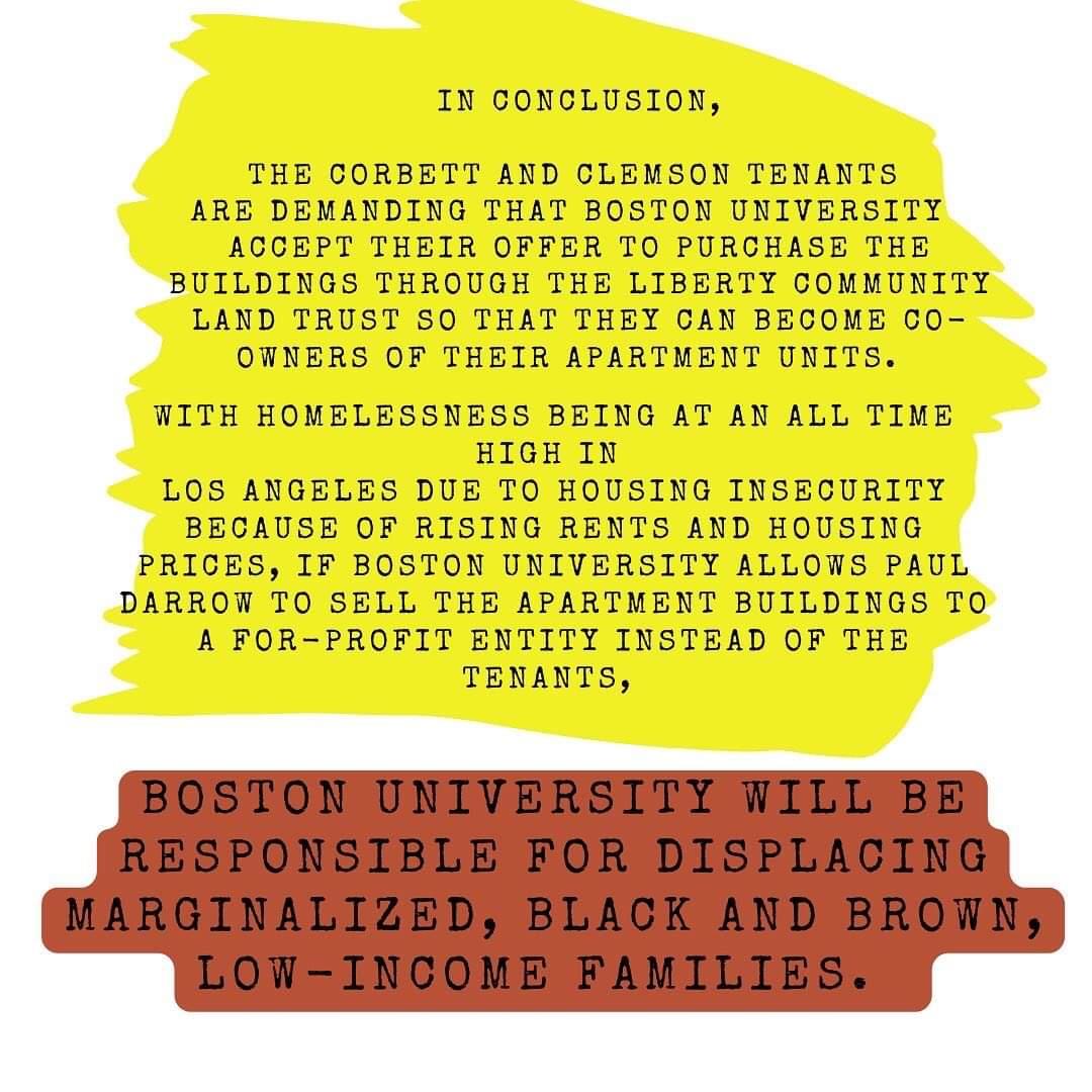 40 families in Los Angeles in danger of becoming evicted if Boston University sells our apartment buildings to for-profit buyers.
BU received our buildings for FREE. We want to buy them. This is a win-win proposition.
<a href="/Adrian_Walker/">Adrian Walker</a> <a href="/LATstevelopez/">Steve Lopez LA Times</a> <a href="/BU_Tweets/">Boston University</a> <a href="/bualumni/">Boston University Alumni Association</a> <a href="/BUinLA/">Boston University LA</a>