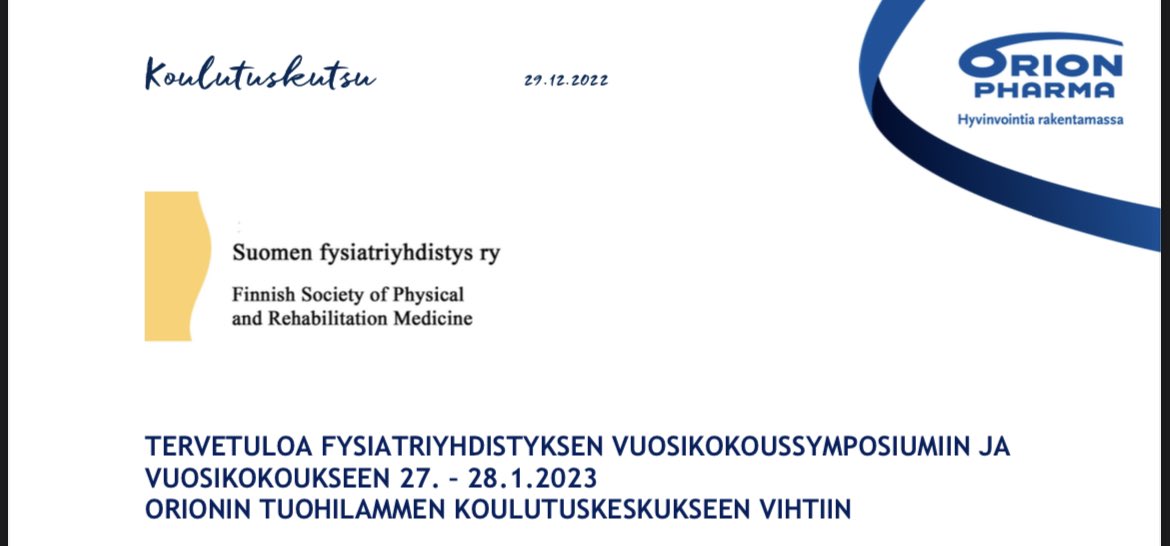 Ilmoittautuminen auki on auki Suomen Fysiatriyhdistyksen vuosikokousymposiumiin ja vuosikokoukseen! Jäsenpostissa tarkempaa tietoa ja ilmoittautumislinkki. Ohjelmassa katsaus Valtakunnallisiin lääkinnälliseen kuntoutukseen ohjaamisen perusteisiin ja perinteiset tutkimuskilpailut!