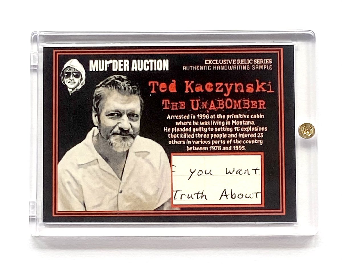 CrimeCards's tweet photo. Ted Kaczynski THE UNABOMBER 
Authentic Murder Auction Relic Card In Case 

https://t.co/eUQ0QdX6DT 

#tedkaczynski #unabomber #truecrime #TradingCards https://t.co/hccq4JyD3k