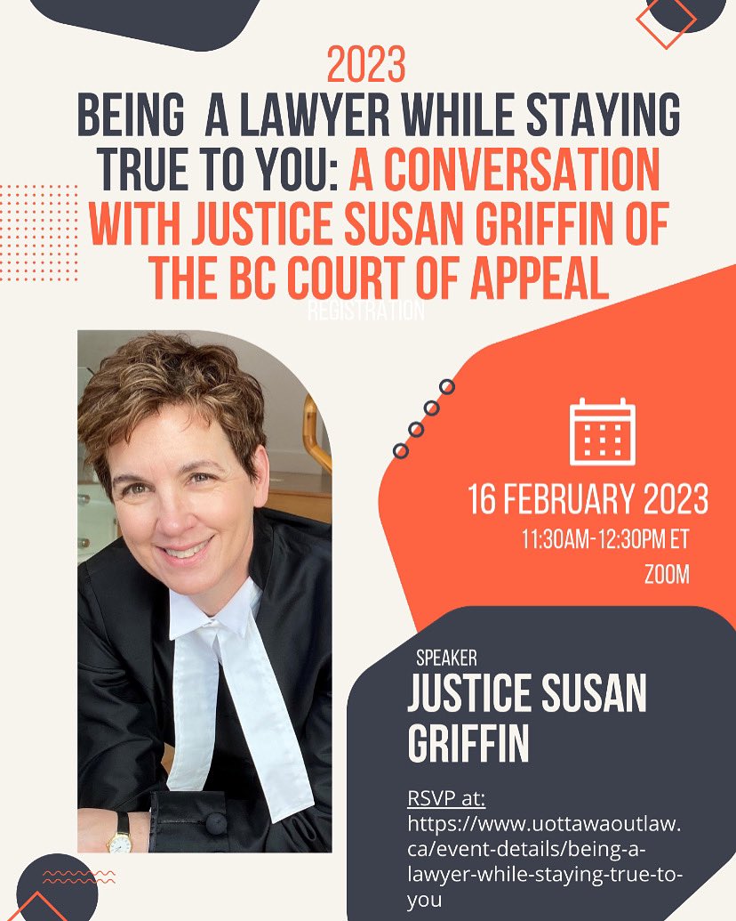 🚨🚨🚨🚨EVENT ALERT!!!!🚨🚨🚨🚨

RSVP to hear Justice Susan Griffin discuss her experience in the legal profession and how she has navigated the field while remaining true to herself. 
RSVP at: uottawaoutlaw.ca/event-details/…