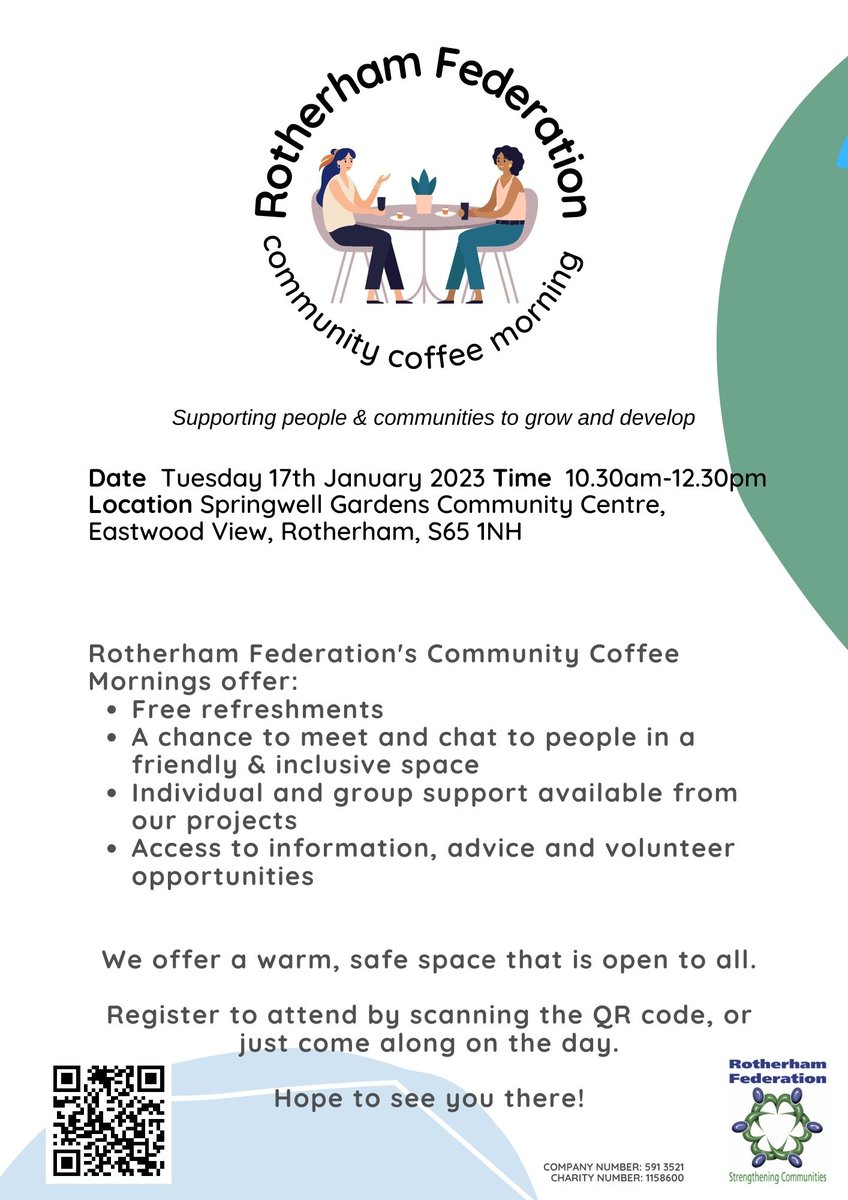 The next RotherFed community coffee morning is taking place on Tuesday 17th January 2023 from 10.30am at Springwell Gardens Community Centre.
Everyone welcome  forms.gle/3Bqmzhts5waX8F…