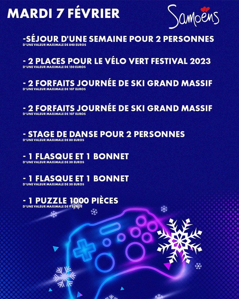 On continue d'annoncer les dotations de la semaine de tournois avec celle de Samoëns :
- une semaine de vacances à Samoëns pour 2 à gagner
- 4 forfaits de ski 
et pleins d'autres lots ! 
#GrandMassif