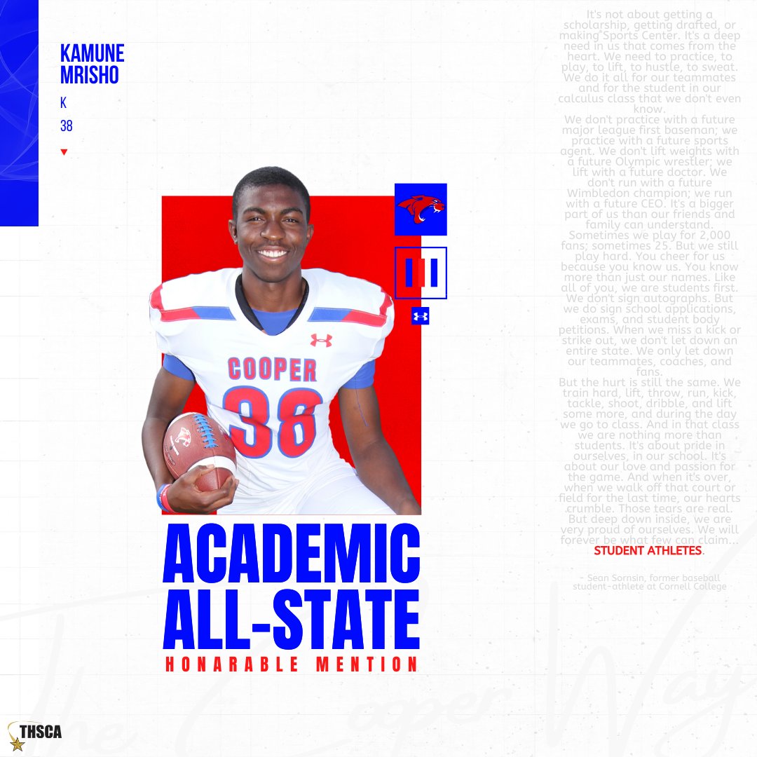 Coopercoogs1's tweet photo. Give a retweet/like to help us recognize these athletes for their hard work in the classroom!
Academic All-State:
HM #38 Kamune Mrisho - K 
HM #3 D'Andre Ralston - RB/WR
HM #33 Johnathan Vanwinkle - LB 
#StudentAthletes #TCW #StepHarder #GPS https://t.co/VF9ps39z3n